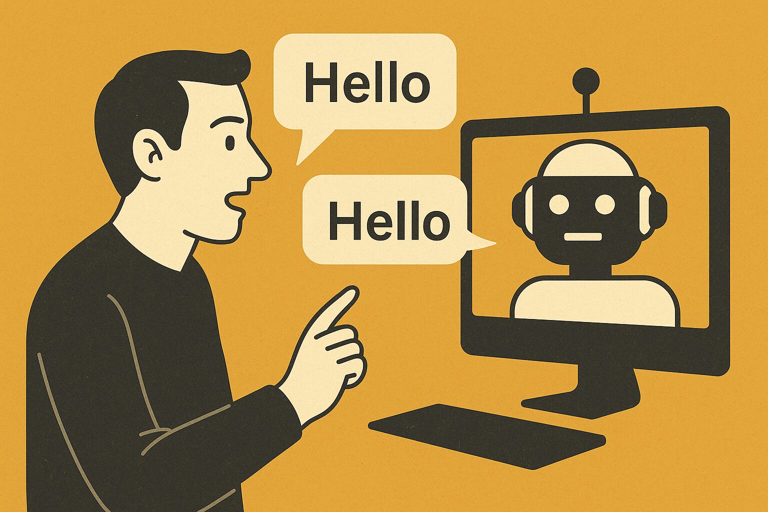 Illustration of a person speaking to a computer monitor displaying a simple robot face, with identical speech bubbles, highlighting the illusion of conversation with AI.